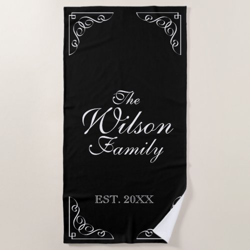Elegant black  white family name year established beach towel