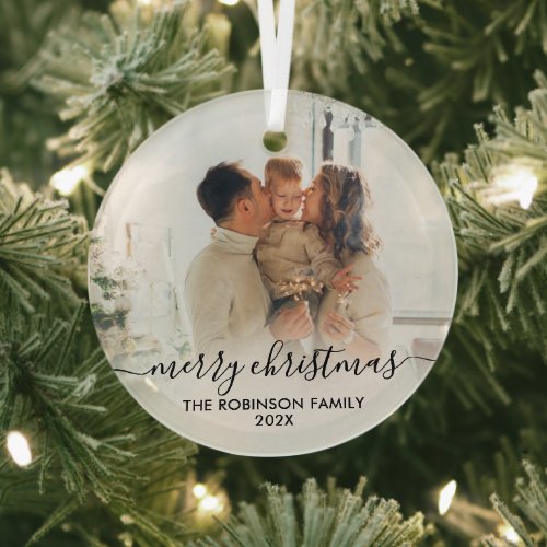 Elegant Black White Family Photo Merry Christmas   Glass Ornament