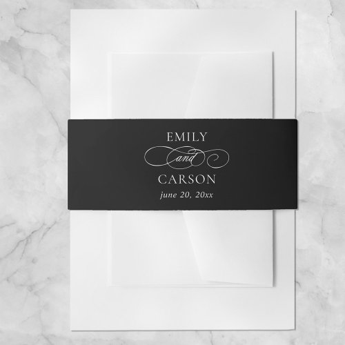 Elegant Black  White Fancy Calligraphy Wedding  Invitation Belly Band