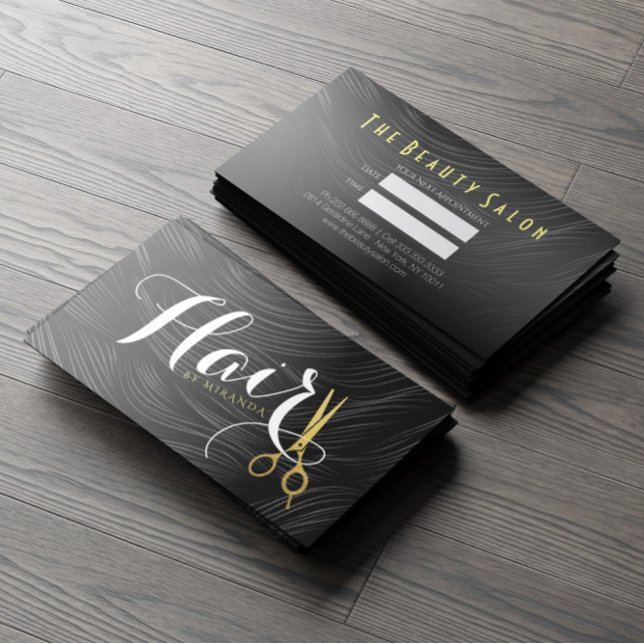 Elegant Black White Faux Gold Scissors Hair Salon Appointment Card (Creator Uploaded)
