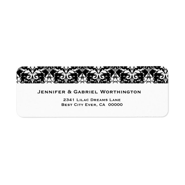 Elegant Black White Feather Damask Wedding Label (Front)