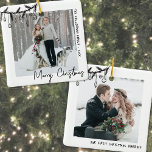 Elegant Black White First Christmas Photo Ceramic Ornament<br><div class="desc">Celebrate the season with this square Christmas ornament. The front highlights a large photo, accented with a black doodle swag of pine greenery and hanging ornaments in the top left corner, slightly overlapping the image for a casual hand-drawn look. The top right has space for your names or family name...</div>