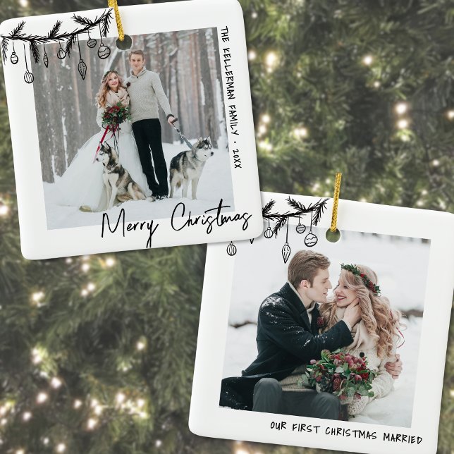 Elegant Black White First Christmas Photo Ceramic Ornament (Elegant Black White First Christmas Photo Ceramic Ornament)