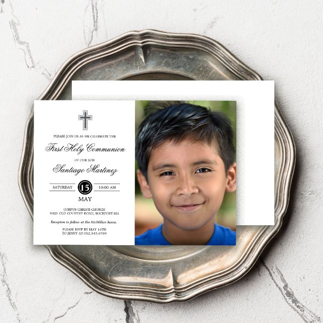 Elegant Black White First Communion Photo Boy Invitation (Creator Uploaded)