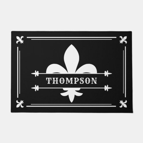 Elegant Black White Fleur de Lis Custom Name Doormat