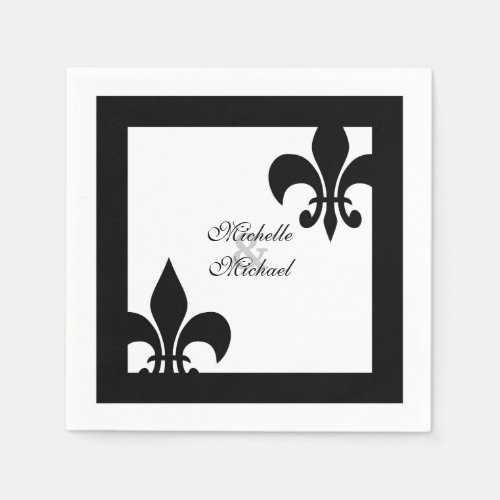 Elegant Black White Fleur de Lis Wedding Paper Napkins