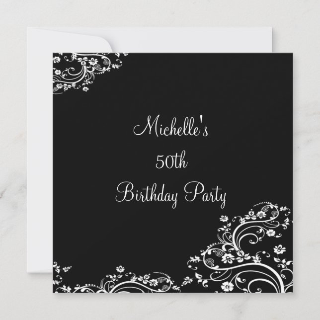 Elegant Black & White Floral 50th Birthday Party Invitation (Front)