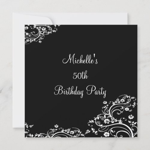 Elegant Black &amp; White Floral 50th Birthday Party 5.25x5.25 Square Paper Invitatio...