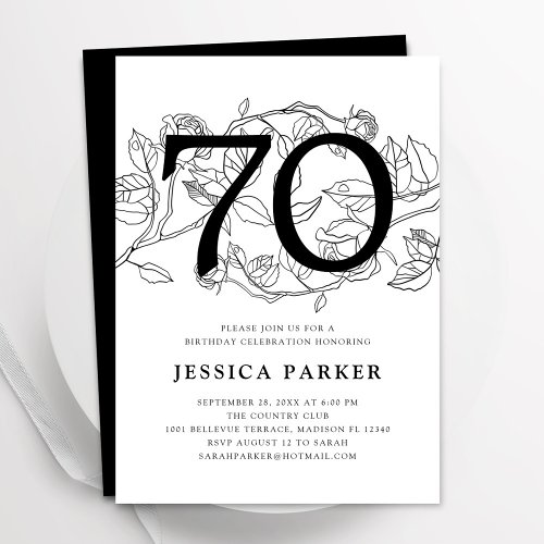 Elegant Black White Floral 70th Birthday Invitation