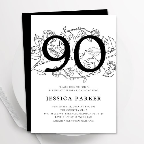 Elegant Black White Floral 90th Birthday Invitation