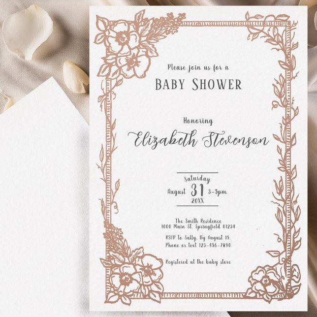 Elegant Black White Floral Baby Shower Rose Gold Foil Invitation (Creator Uploaded)