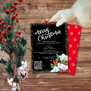 Elegant Black White Floral Berries Snow Christmas Invitation