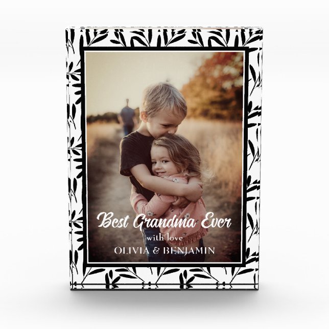  Elegant Black & White Floral Best Grandma Ever Photo Block (Front)