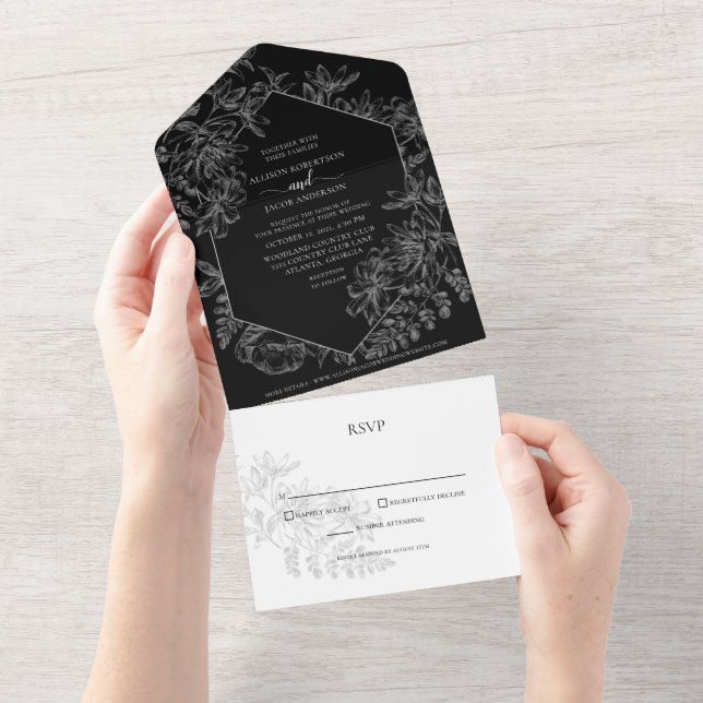 Elegant Black White Floral Botanical Wedding All In One Invitation (Tearaway)
