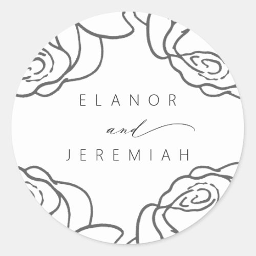 Elegant Black White Floral Calligraphy Wedding Classic Round Sticker