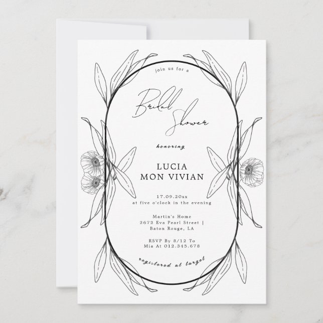 Elegant Black & White Floral Capsul Bridal Shower Invitation (Front)