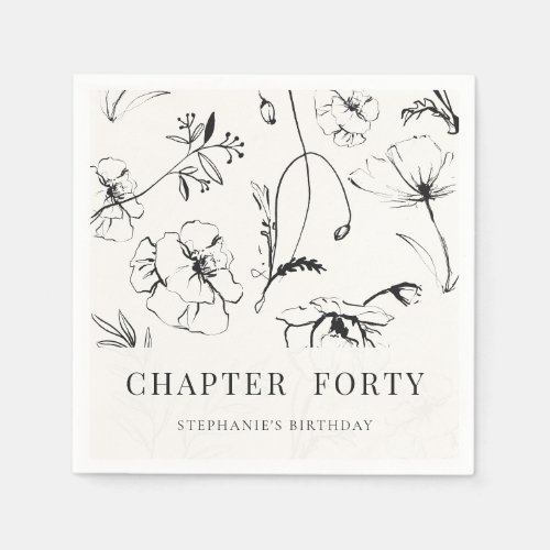 Elegant Black White Floral Chapter 40th Birthday Napkins