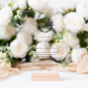 Elegant Black White Floral Crest Monogram Wedding Acrylic Invitations