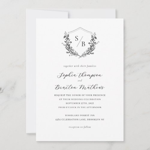 Elegant Black White Floral Crest Monogram Wedding Invitation
