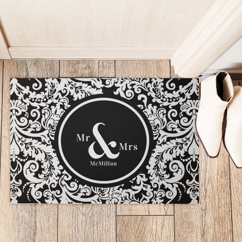 Elegant Black  White Floral Damask Monogrammed Doormat