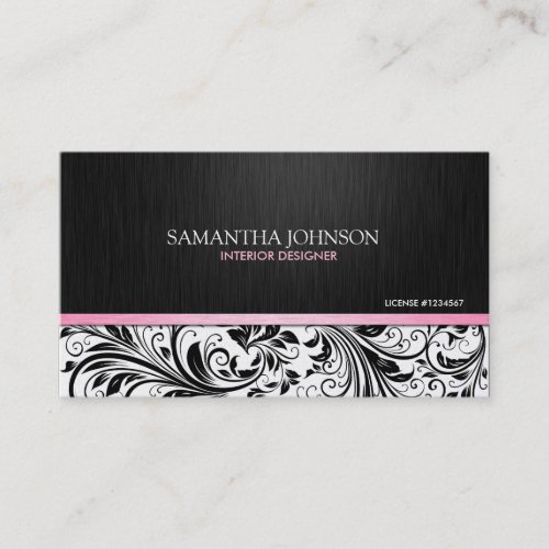 Elegant  Black &amp; White Floral Damask w/ pink Business Card Template