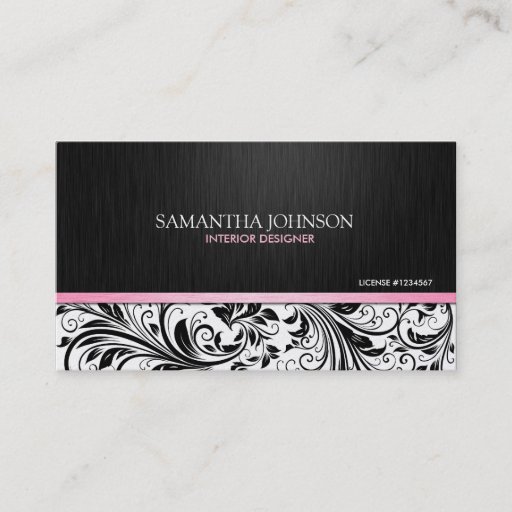 Customizable Elegant  Black &amp; White Floral Damask w/ pink Business Card Template