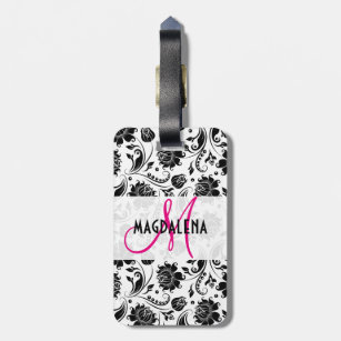 Elegant Black & White Floral Damasks 2 Monogramed Luggage Tag