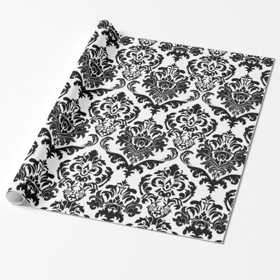 Elegant Black & White Floral Damasks Pattern Wrapping Paper
