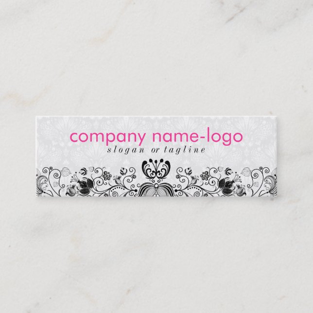 Elegant Black & White Floral Damasks & Swirls 2 Mini Business Card (Front)