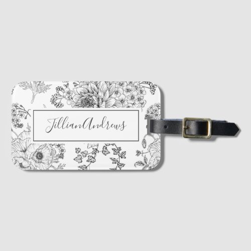 Elegant Black White Floral Design Name Script  Luggage Tag