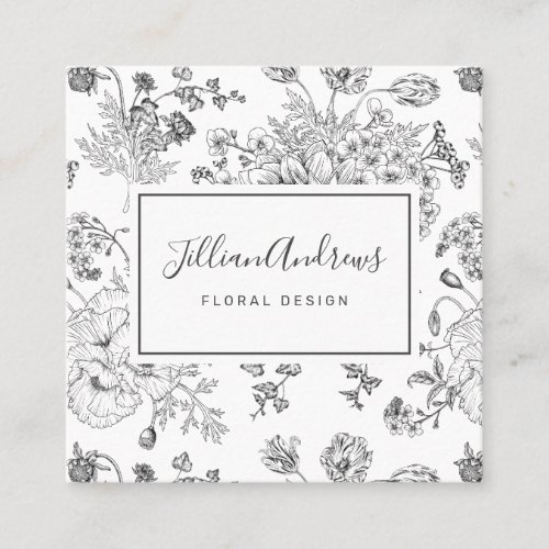 Elegant Black White Floral Design Professional Square Business Card