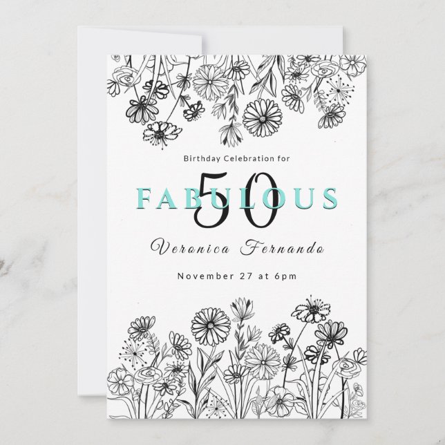 Elegant black white floral fiftieth birthday invitation (Front)