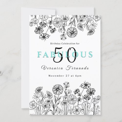 Elegant black white floral fiftieth birthday invitation