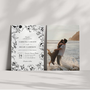 Elegant Black White Floral Garden Wedding Photo Invitation
