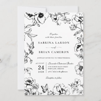 Elegant Black | White Floral Garden Wedding Photo Invitation