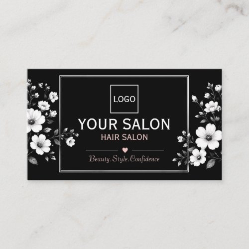 Elegant Black & White Floral Hair Salon Business Card