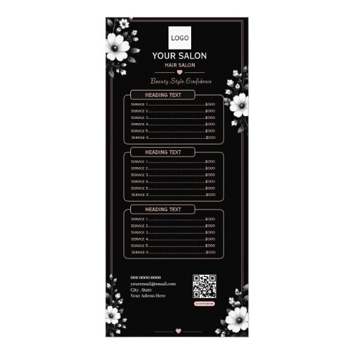 Elegant Black & White Floral Hair Salon Rack Card