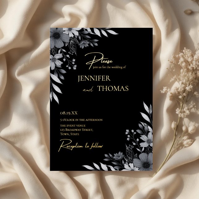 Elegant Black & White Floral Hand-Drawn Wedding Foil Invitation (Elegant Black & White Floral Hand-Drawn Wedding Foil Invitation)