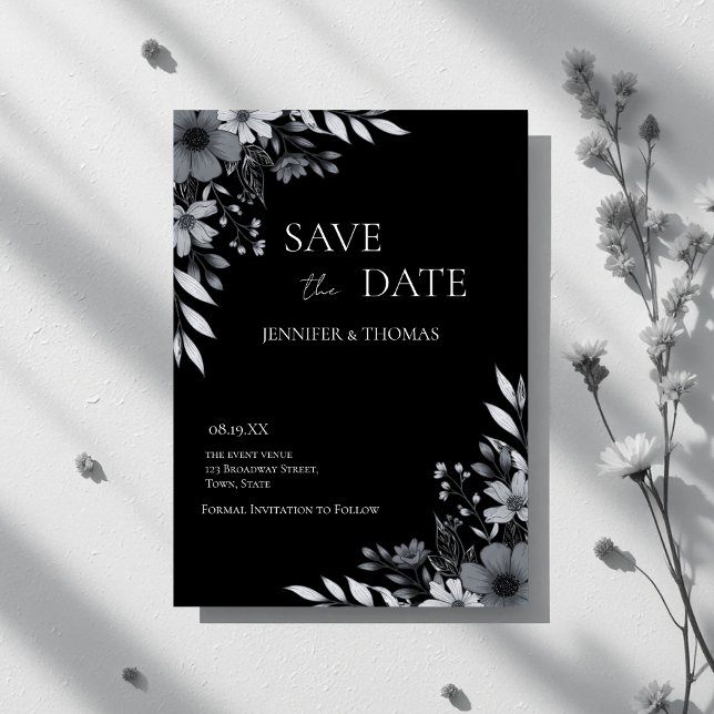 Elegant Black & White Floral Hand-Drawn Wedding Save The Date (Elegant Black & White Floral Hand-Drawn Wedding Save The Date)