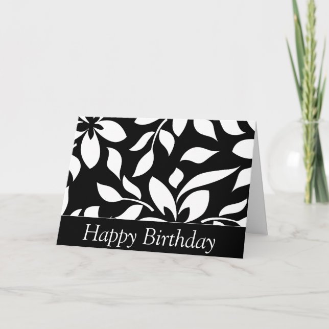 Elegant Black & White Floral Happy Birthday Card (Front)