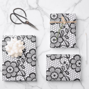 Elegant Black & White Floral Lace Pattern Wrapping Paper Sheets
