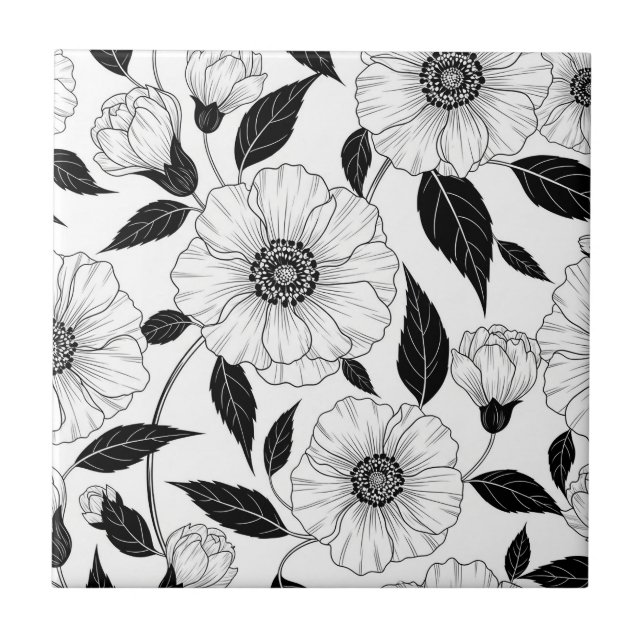 Elegant Black White Floral Line Art Pattern (1) Ceramic Tile (Front)