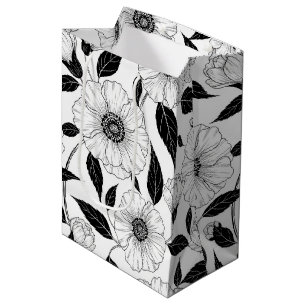 Elegant Black White Floral Line Art Pattern (1) Medium Gift Bag