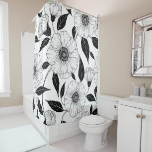 Elegant Black White Floral Line Art Pattern (1) Shower Curtain