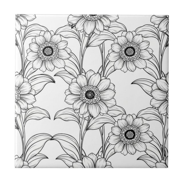 Elegant Black White Floral Line Art Pattern (2) Ceramic Tile (Front)