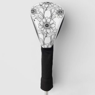 Elegant Black White Floral Line Art Pattern (2) Golf Head Cover