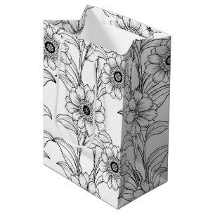 Elegant Black White Floral Line Art Pattern (2) Medium Gift Bag