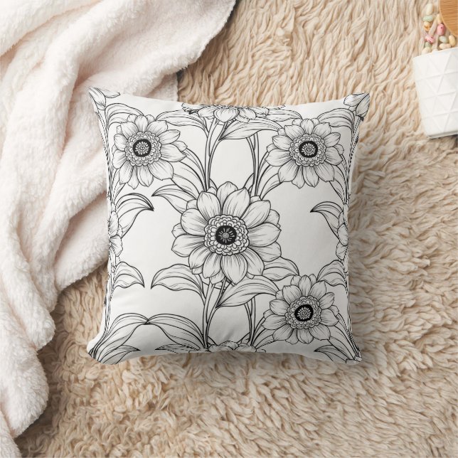 Elegant Black White Floral Line Art Pattern (2) Throw Pillow (Blanket)