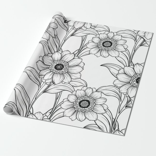 Elegant Black White Floral Line Art Pattern (2) Wrapping Paper (Unrolled)