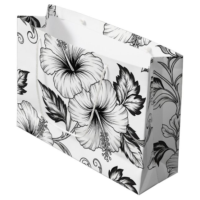 Elegant Black White Floral Line Art Pattern (3) Large Gift Bag (Front Angled)